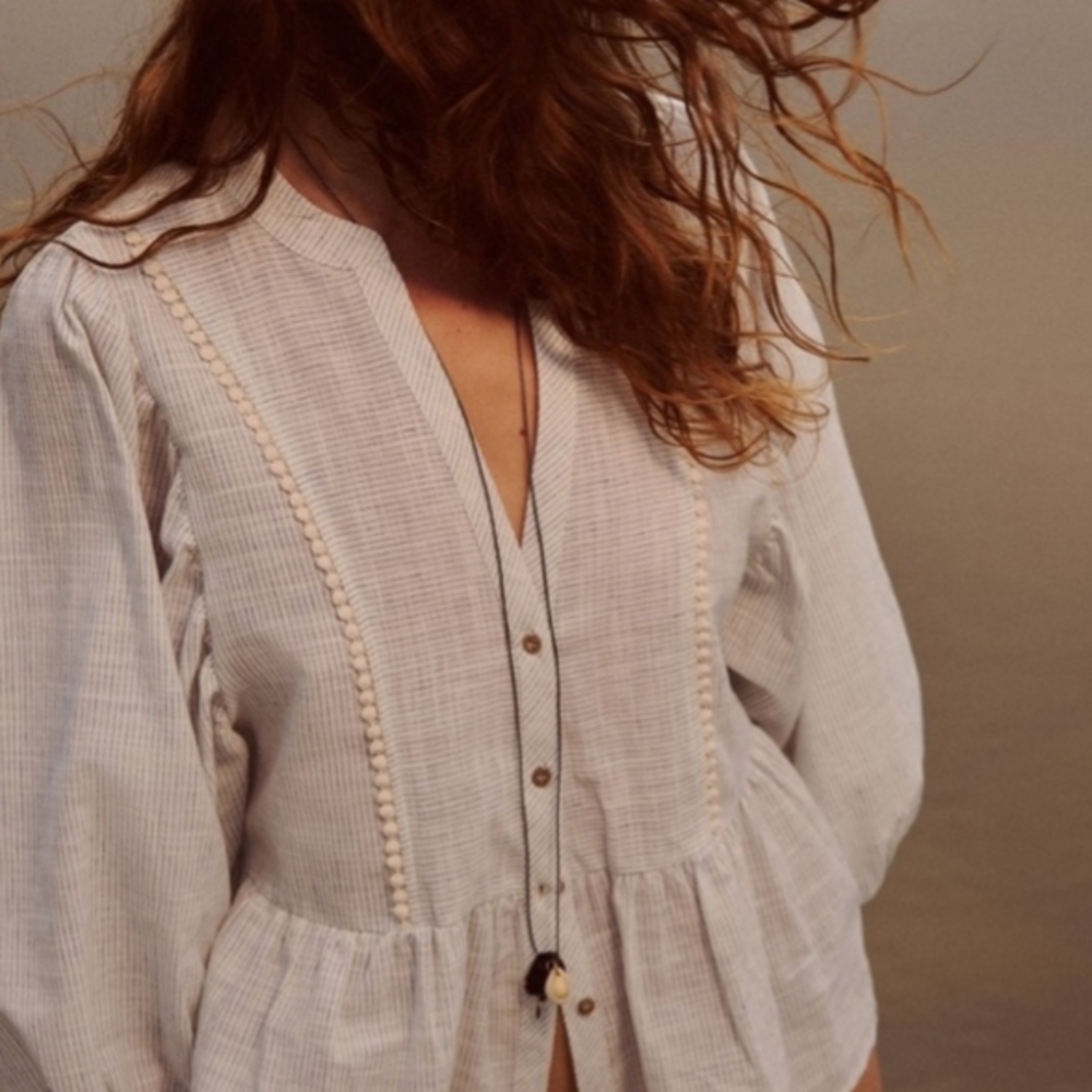 Zara Striped White/Blue Peplum Blouse with Button Detail